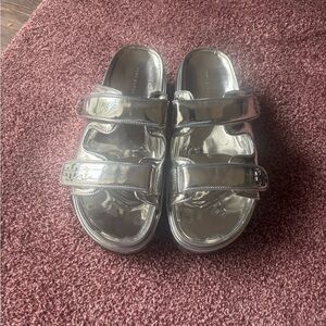 Tory Burch Metallic Silver Double-Strap Platform Slides